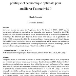 Investissements Directs Étrangers en République Démocratique du Congo : Quelle gouvernance politique et économique optimale pour améliorer l’attractivité ?